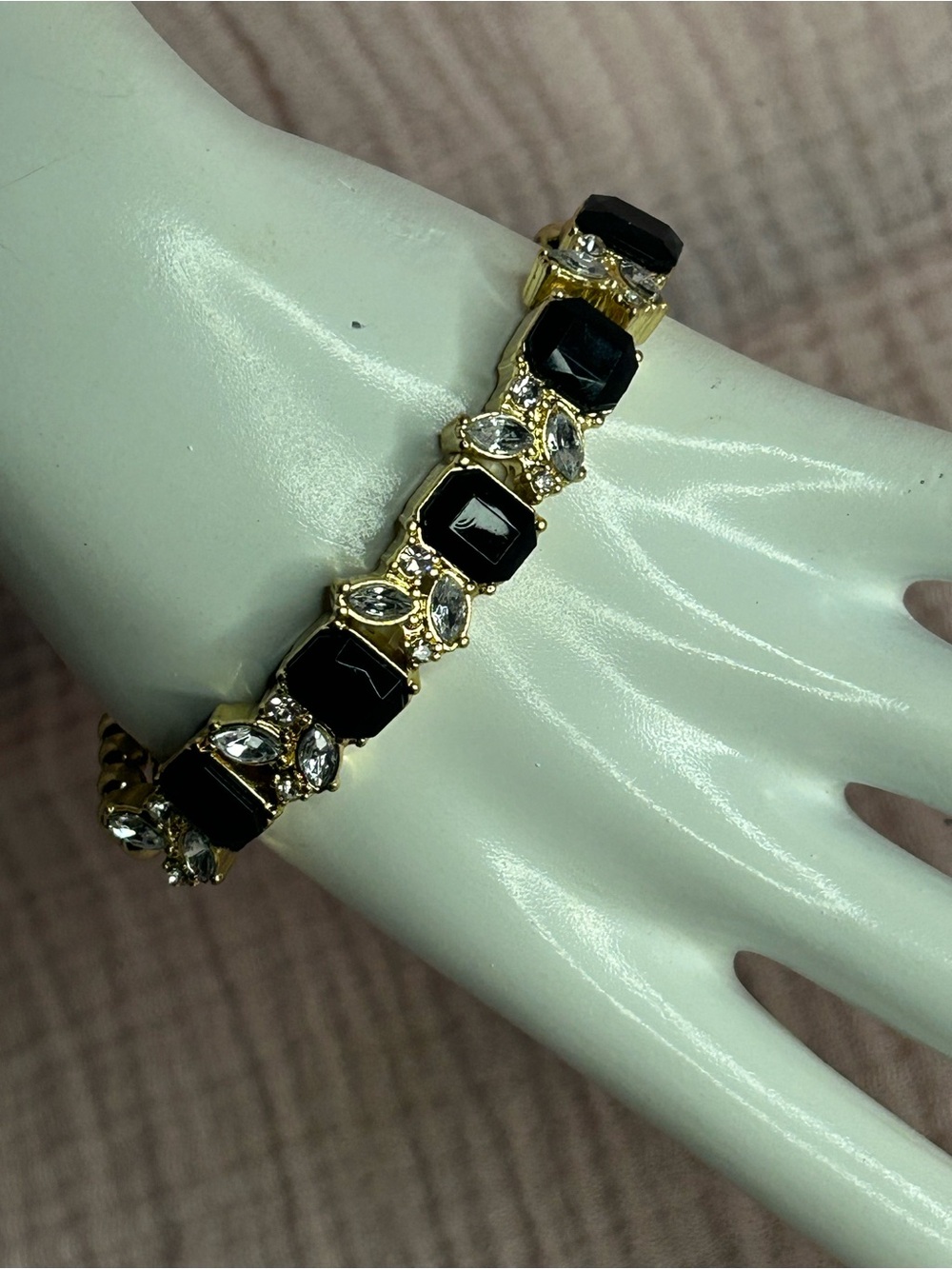 Black Crystal & Rhinestone Gold Tone Stretch Bracelet | Statement Jewelry